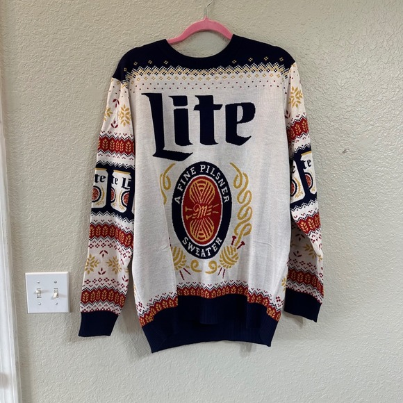 Miller Lite Men's Large Beer Ugly Christmas Sweater Party Pullover Knit Graphic - Picture 1 of 6